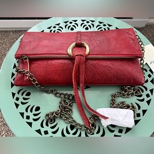 LUCKY BRAND Red Leather Purse Shoulder Bag Boho Foldover Handbag Chain Strap VTG